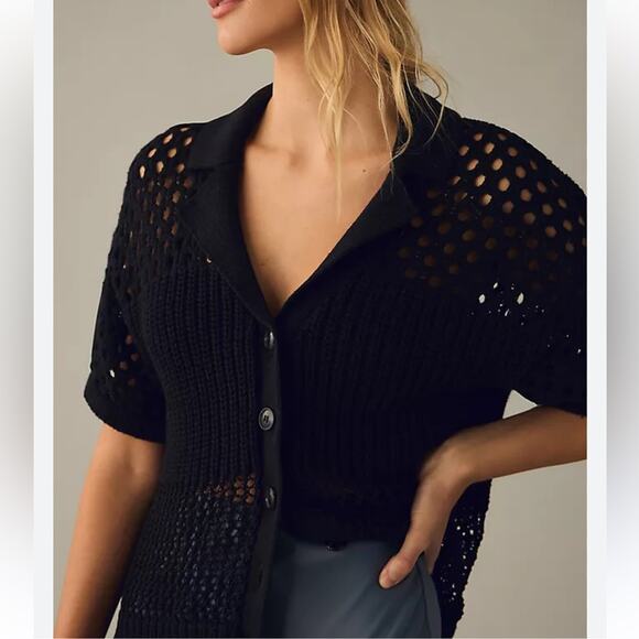 Zara Black Open Knit Polo Cardigan Sweater Short Sleeve Button Down V Neck S/M - Picture 11 of 11